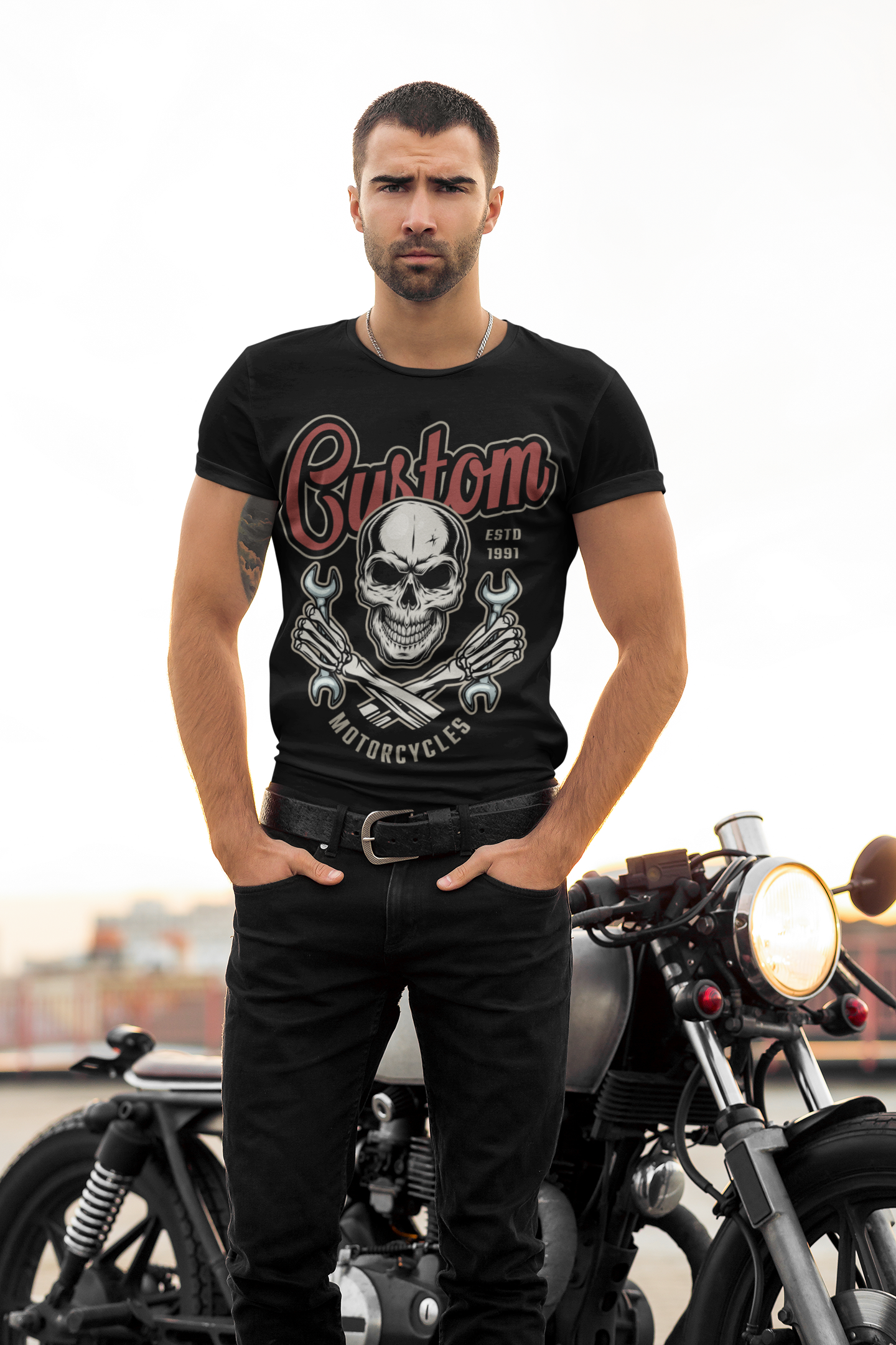 Motorcycle Biker T Shirt Ring Spun Cotton Lucky Wheels Custom Culture