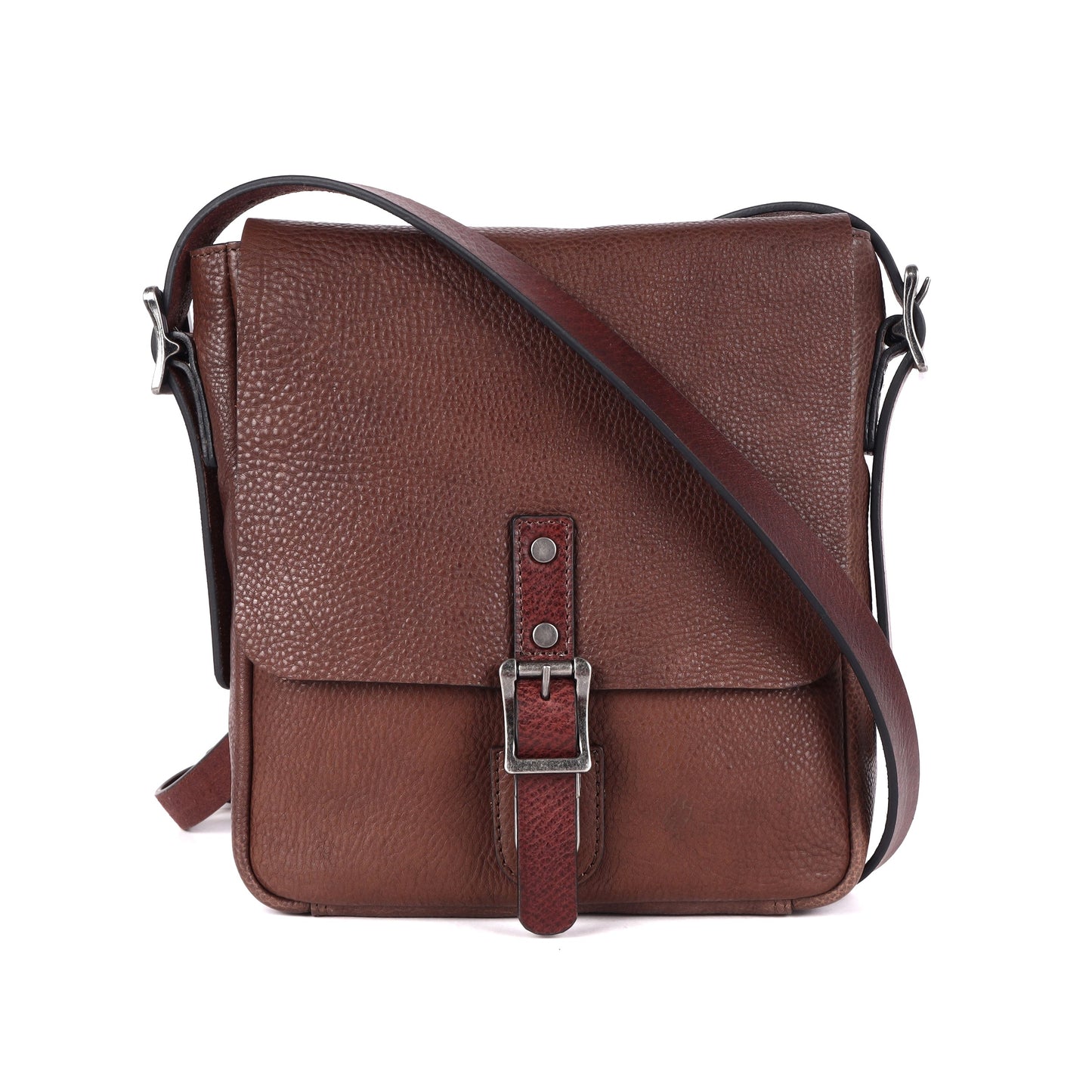 Soft Genuine Leather Crossbody Bag – Contrast Straps, Buckle Detail, Unisex Fit