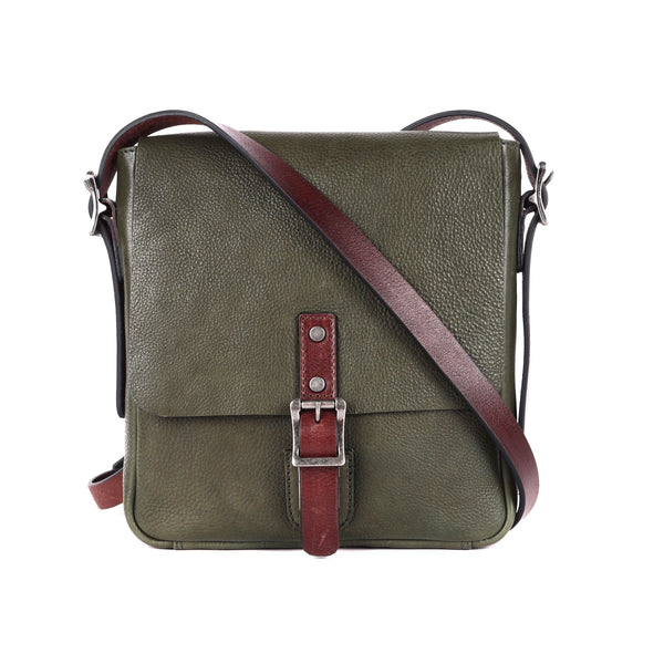 Soft Genuine Leather Crossbody Bag – Contrast Straps, Buckle Detail, Unisex Fit
