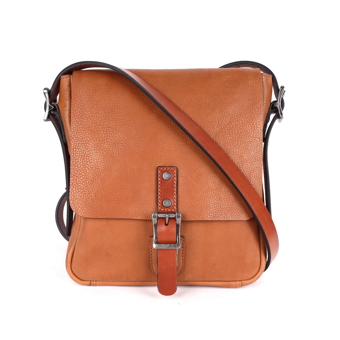 Soft Genuine Leather Crossbody Bag – Contrast Straps, Buckle Detail, Unisex Fit