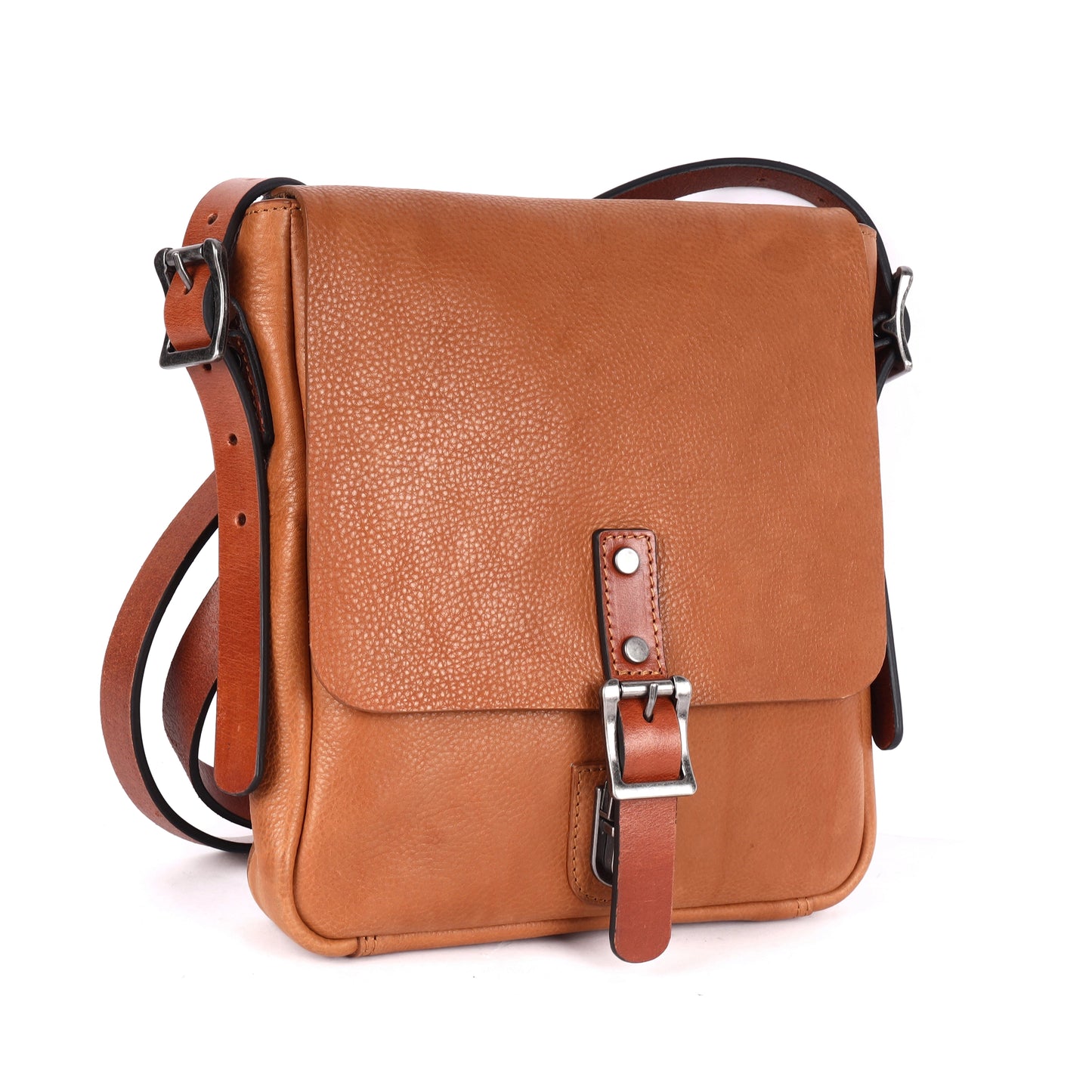 Soft Genuine Leather Crossbody Bag – Contrast Straps, Buckle Detail, Unisex Fit