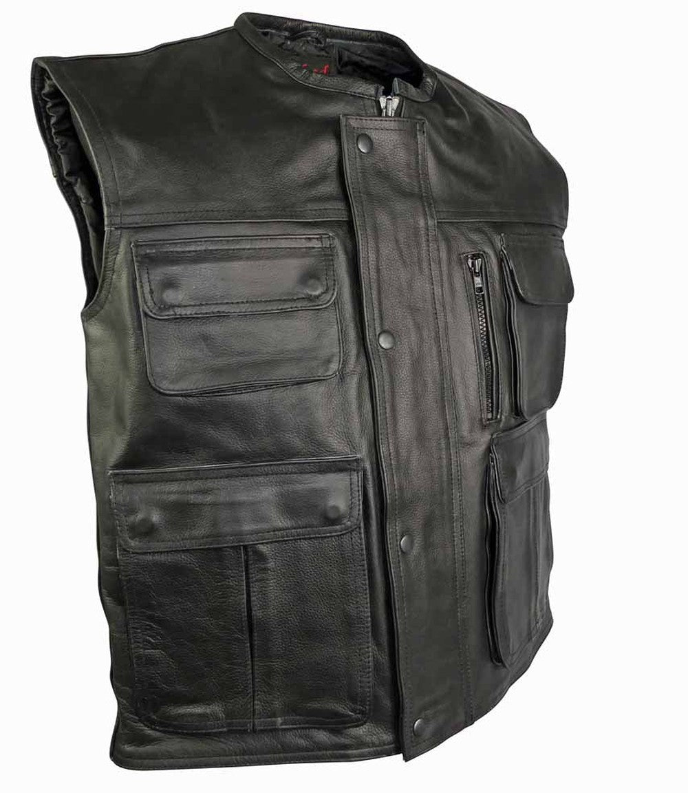 Multi Pocket Stud And Zip Front Closure Leather Vest-Hunter