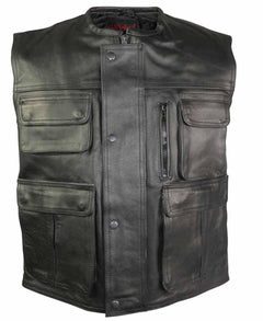 Multi Pocket Stud And Zip Front Closure Leather Vest-Hunter-mens vests-Wicked Gear